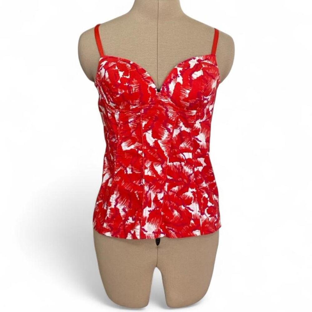 G by Guess red & white abstract bustier tank top, size L